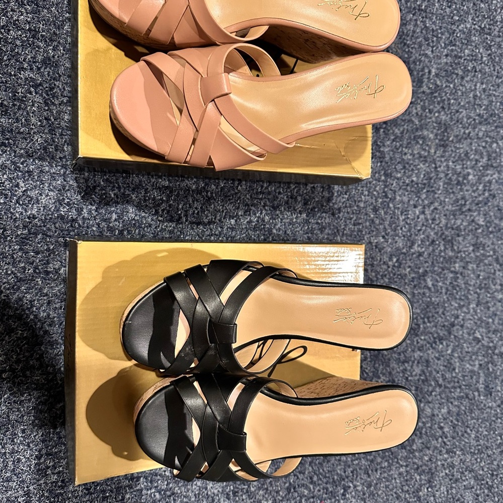 Black and Cream Mules with Crisscross Straps